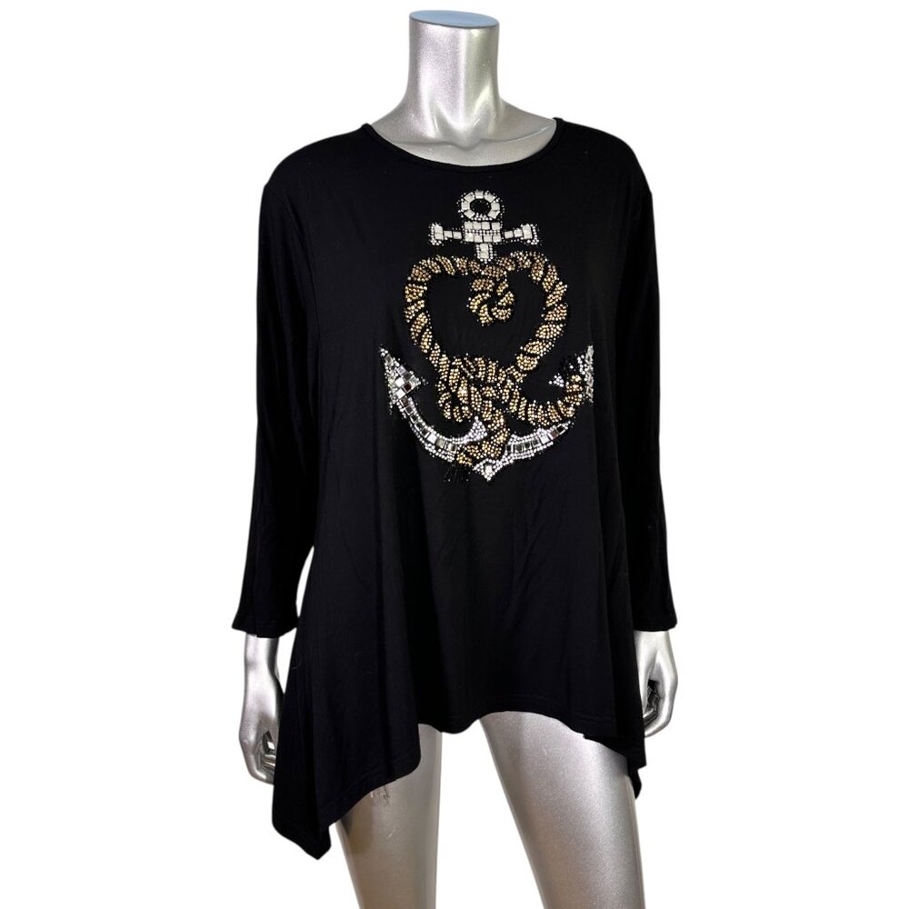 Gardy Black Asymmetrical Cotton Blend Anchor Embellished Beaded Tunic 1X